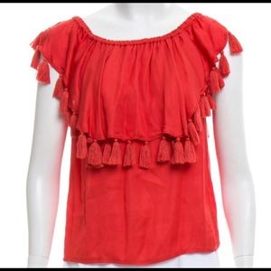 Planet Blue/Red cotton tassel top